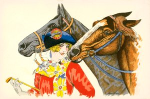 ロゼットのついたベレー帽をかぶり、2頭の馬を連れたコケティッシュでカラフルな服装の女性（カラーリトグラフ）