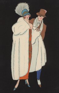 ファッショナブルなドレスのカップル（カラーリトグラフ）