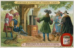 1690年にドイツのマールブルクにある友人の前でピストン蒸気エンジンの試験を行っているデニスパピン 作： European School