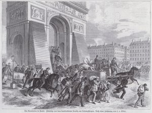 凱旋門を通過するフランス軍のヌーイリー砲撃からの逃亡者たち（パリ・コミューン、1871年4月）（エングレーヴィング 作： European School