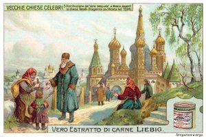 モスクワの聖ワシリイ大聖堂の前でイースターの施し物をする様子（クロモリト