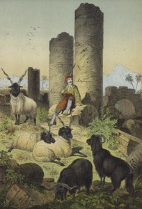 ワラキアの羊とシリアスゴートを連れたギリシャの羊飼い（カラーリトグラフ） 作： European School