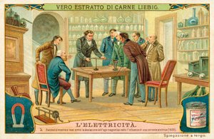 ハンスクリスチャンエルステッドが友人に電流の影響で磁針のずれを示した、1820年 作： European School