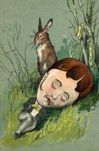 田舎で眠る男の隣に座るウサギ（クロモリト） 作： European School