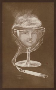 ワイングラスと煙草の煙によって作られた女性の顔のイメージ、c1917（リトグラフ） 作： ヨーロピアンスクール
