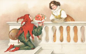 バルコニーで美女にバラを贈るジェスター（クロモリト） 作： ヨーロピアンスクール