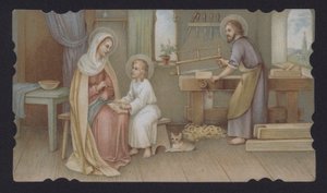 少年時代のイエス・キリストと母マリア、ヨセフの大工仕事場（クロモリト 作： European School