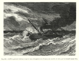 イギリスからフランスに渡った最初の蒸気船エリーゼ号は、海上で嵐に襲われる（エングレービング 作： European School