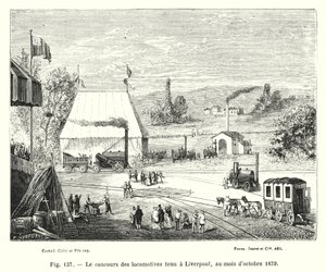 1829年10月にリバプールで開催された機関車競技会（エングレーヴィング 作： European School