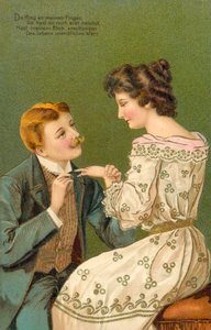 若い女性に結婚を申し込む男性、彼女の指に指輪をはめようとしている（カラーリトグラフ） 作： European School