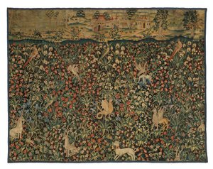 動物、鳥、風景を描いたMille fleursタペストリーの断片、1500年頃（ウール） 作： European School