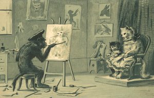 猫と子猫の肖像画を描く猿（リトグラフ） 作： European School