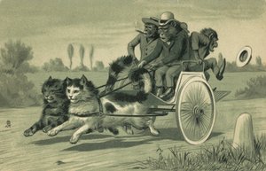 2匹の猫が引く馬車を運転する猿（リトグラフ） 作： European School