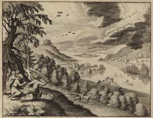 虹を見ているノア、洪水が二度と起こらないという神のしるし（彫刻） 作： European School
