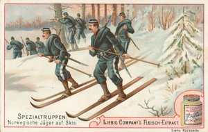 ノルウェー、スキーに乗った兵士たち、リービッヒ・カード、20世紀初頭（クロモ）