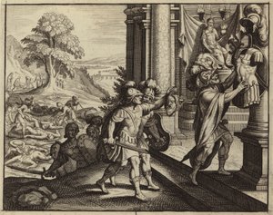 サウルの頭を彼らの神ダゴンの神殿に置くペリシテ人 (彫刻) 作： European School