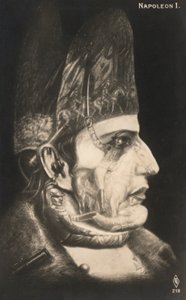 ナポレオン・ボナパルトの肖像、顔と帽子に戦いの場面が描かれている（リトグラフ）