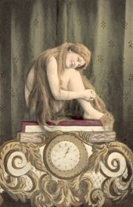 時計の上に座る少女の肖像（カラーリトグラフ） 作： European School