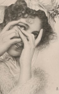 手の後ろに隠れる女性の肖像（リトグラフ） 作： European School