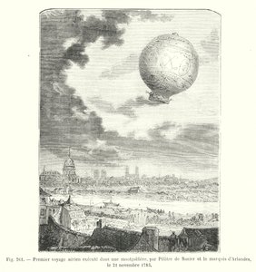 1783年11月21日、ピラトル・ドゥ・ロジエとアーランド侯爵による熱気球での初の空中飛行（エングレーヴィング 作： European School