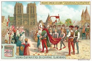 フランスのシャルル7世の時代にパリのノートルダム寺院を出発する行列 作： European School