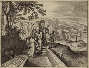 アブラハムのしもべエリエゼルとラクダに水を与えるレベッカ (彫刻) 作： European School