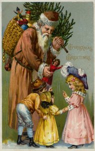 子供たちにプレゼントとクリスマスツリーを渡すサンタクロース（カラーリトグラフ） 作： ヨーロピアンスクール
