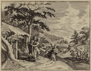父ノアの裸を覆うセムとヤペテ（彫刻） 作： European School