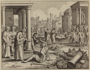 足が不自由で一度も歩いたことのない男性を癒す聖パウロ (彫刻) 作： European School