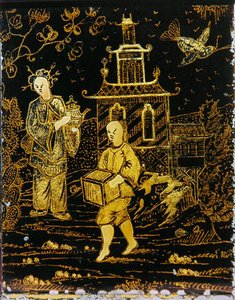 急須を運ぶポーターと女性を描いた中国風茶筒（金属製） 作： European School