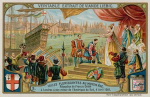1581年の南米からロンドンへのフランシスドレイクのレセプション（クロモリト） 作： European School
