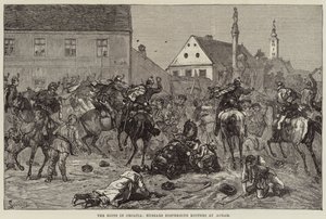 クロアチアの暴動、アグラムで暴徒を鎮圧するユサール（銅版画 作： European School