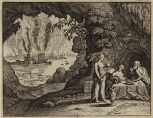 ソドムの焼き討ちと、ロトの娘たちがソドムを酔わせて子供をもうけること（版画） 作： European School