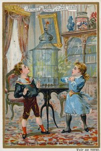 ペットのケージに入れられた鳥がどこに逃げ込んだのだろうと思っている2人の子供 作： European School