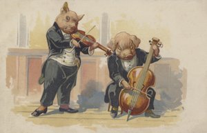 楽器を演奏する2匹のブタ（カラーリトグラフ）