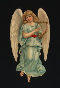ビクトリア朝時代のスクラップ。ハープを弾く天使（クロモリト 作： European School