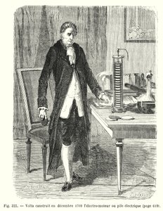 ヴォルタは1799年12月に電気モーターまたは電気バッテリー（彫刻）を製作した。 作： European School