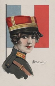 制服を着た女性、フランス（カラーリトグラフ） 作： European School
