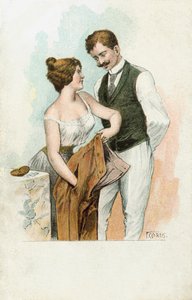 女だてらに男のポケットから金を奪う女（カラーリトグラフ） 作： European School
