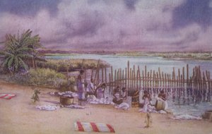 川で洗濯をする女性たち、北アフリカ（カラーリトグラフ） 作： European School