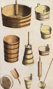木製の道具と器（カラーリトグラフ）