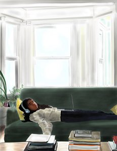 エヴァ・オン・カウチ、ブルックリン（デジタルアート） 作： エヴァン・スクラー