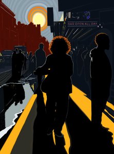 マンハッタンの歩道の逆光の人物と太陽（デジタルアート） 作： エヴァン・スクラー