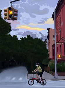 ブルックリン、アンダーヒル通りの自転車乗り（デジタルアート） 作： エヴァン・スクラー