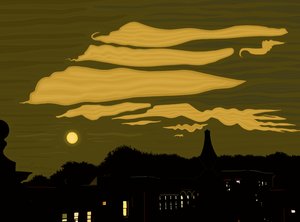 屋上からの雲、月、公園（デジタルアート） 作： エヴァン・スクラー