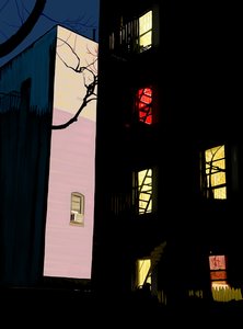 夜のブルックリン、アパートのカラフルな窓（デジタルアート）