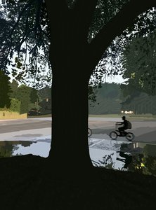 ブルックリン通りのサイクリストと水たまり（デジタルアート）