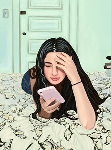 ベッドの上でスマートフォンを見る少女（デジタルアート） 作： エヴァン・スクラー