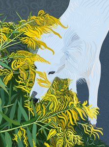ヤギヒゲの白い犬とゴールデンロッド（デジタルアート）