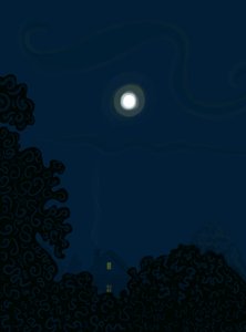 切妻と月のある家、夜の木々の影（デジタルアート） 作： エヴァン・スクラー